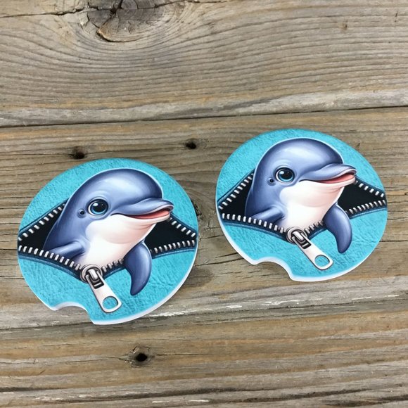 Dolphin Peek-a-Boo Zipper Car Coasters Set of 2 - Picture 2 of 6